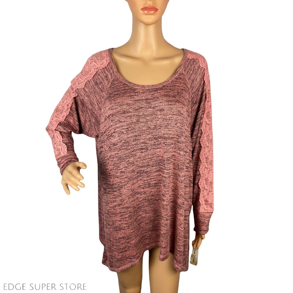 World Unity Woman Pink Black Knit Scoop Neck Lace Trim Sweater Top Plus Size 2X